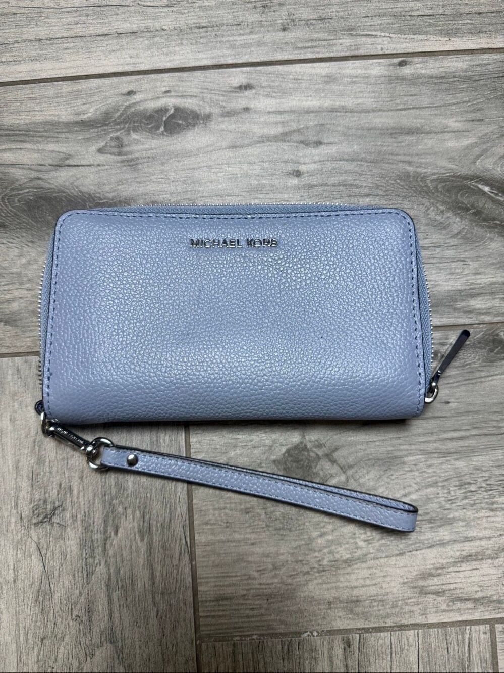 Michael Kors Womens Pale Ocean Blue Pebbled Continental Leather Wristlet Wallet